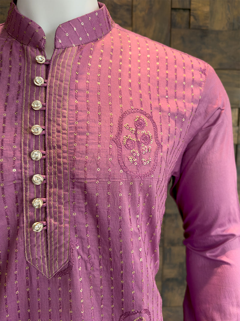 Onion Pink Viscose Kurta with Floral Butta and Sequin Stripes