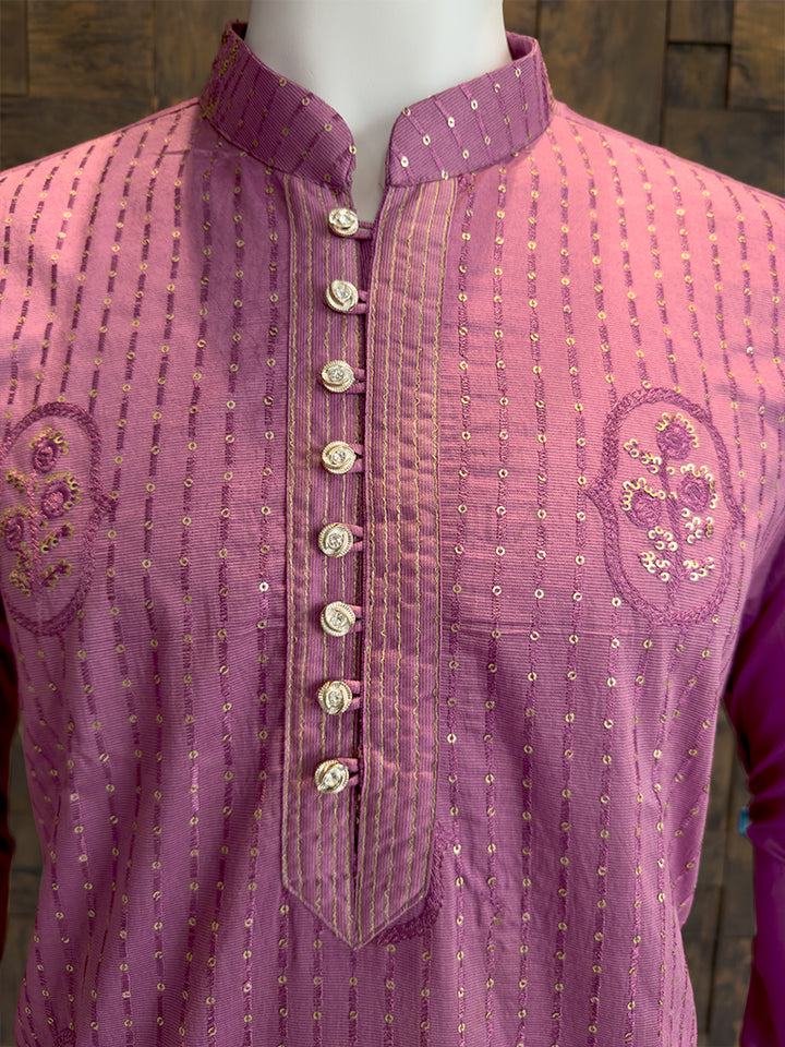 Onion Pink Viscose Kurta with Floral Butta and Sequin Stripes