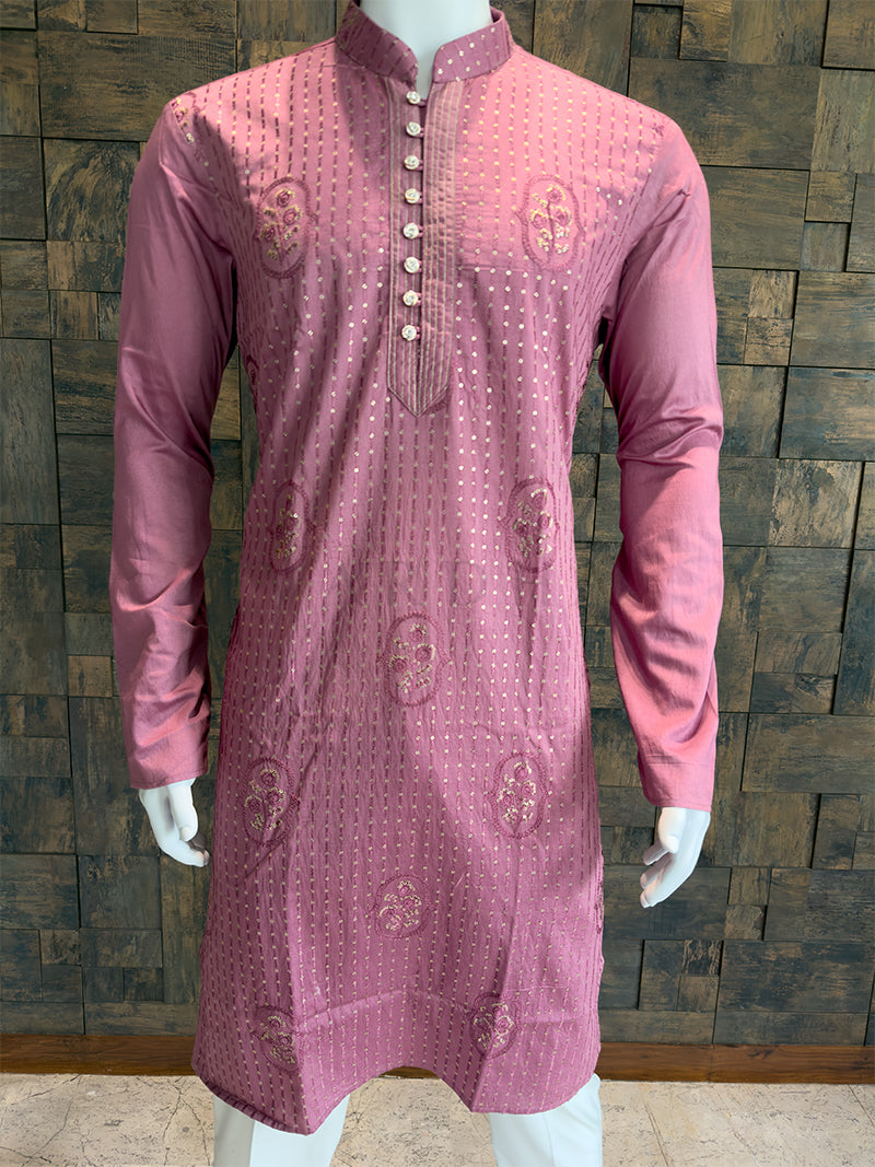 Onion Pink Viscose Kurta with Floral Butta and Sequin Stripes