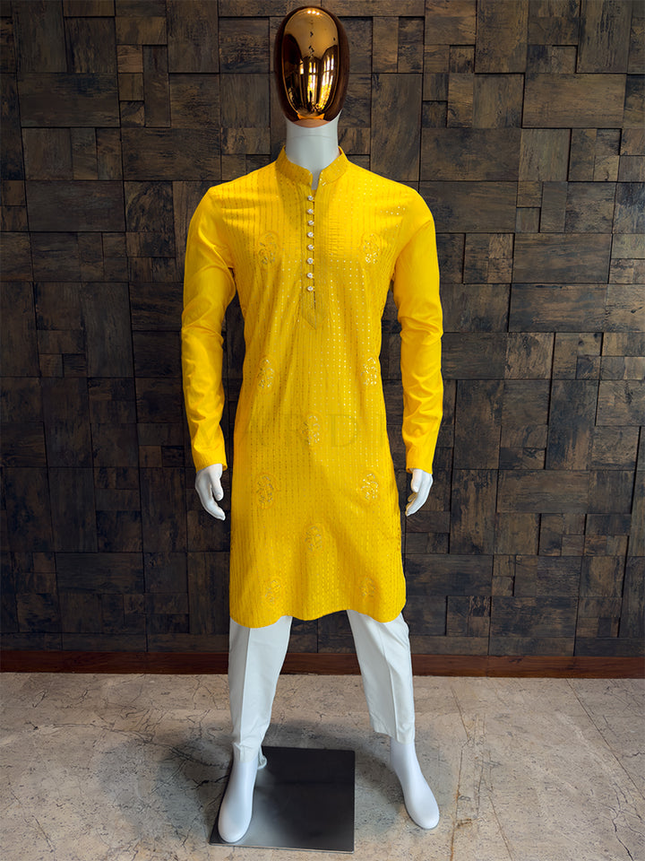 Mustard Yellow Viscose Kurta with Floral Butta and Sequin Stripes