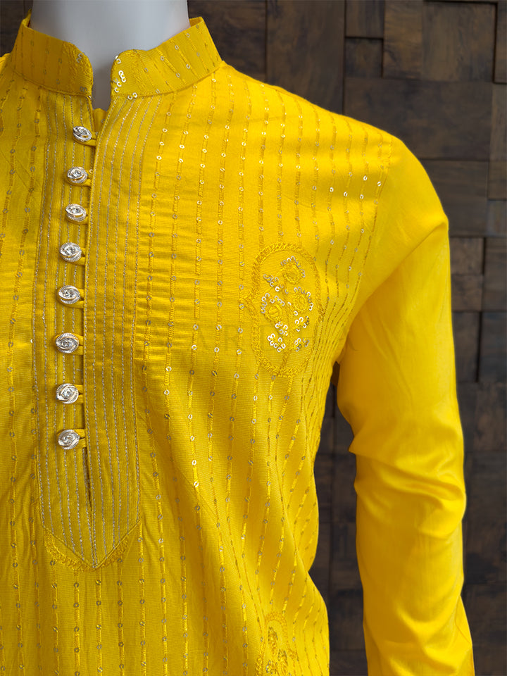 Mustard Yellow Viscose Kurta with Floral Butta and Sequin Stripes