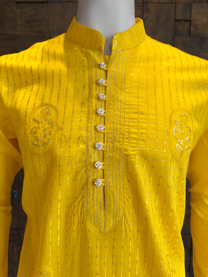 Mustard Yellow Viscose Kurta with Floral Butta and Sequin Stripes