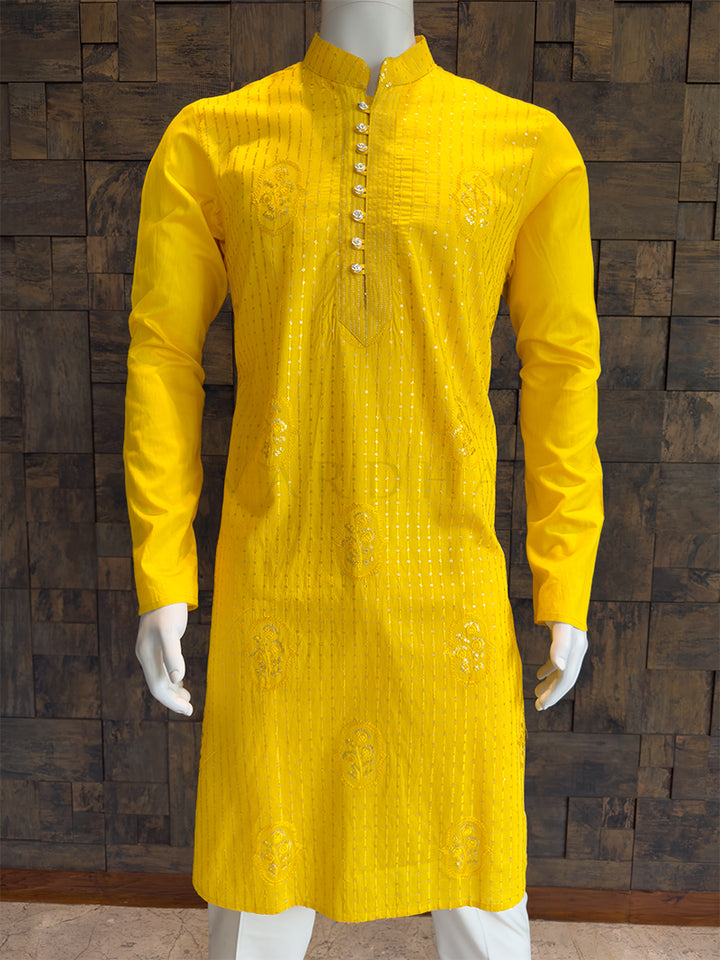 Mustard Yellow Viscose Kurta with Floral Butta and Sequin Stripes