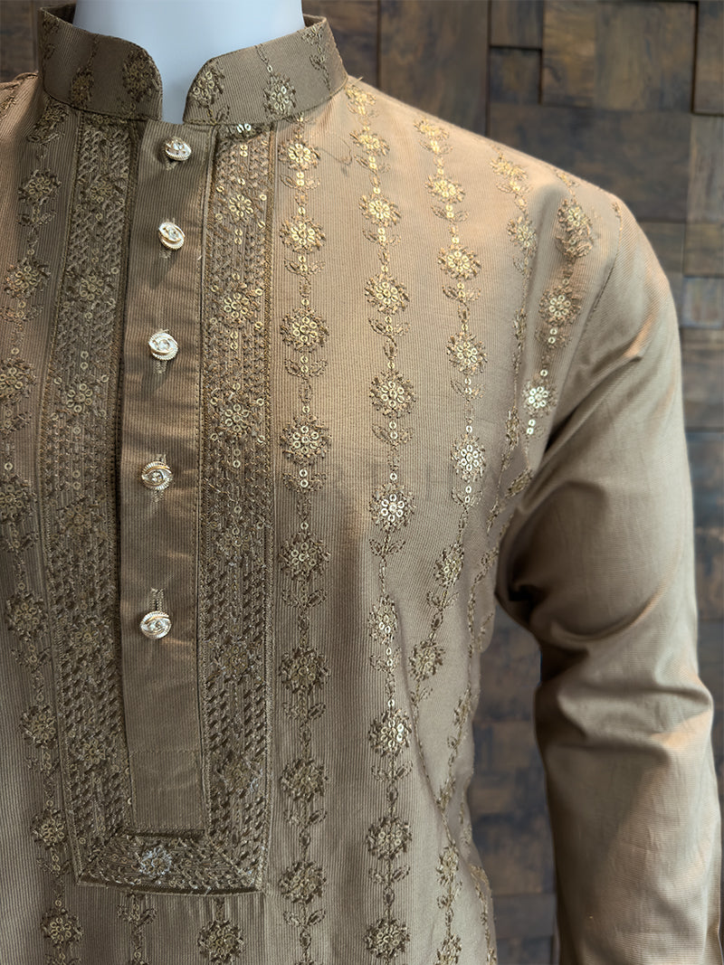 Coffee Brown Viscose Kurta with Sequin & Thread Embroidery