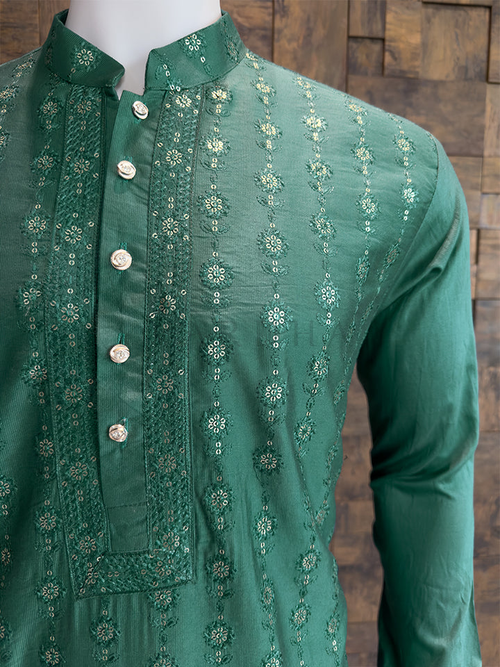 Teal Green Viscose Kurta with Sequin & Thread Embroidery