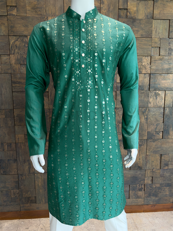 Teal Green Viscose Kurta with Sequin & Thread Embroidery