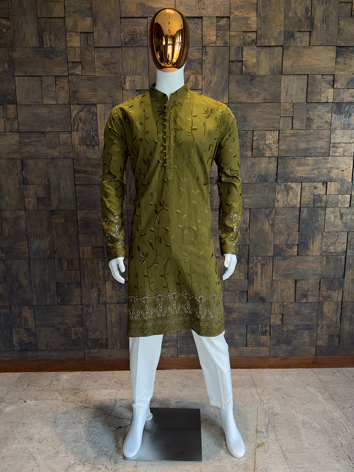 Olive Green Viscose Kurta with Leaf Vine Embroidery & Sequins Work
