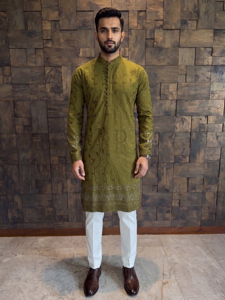 Olive Green Viscose Kurta with Leaf Vine Embroidery &amp; Sequins Work