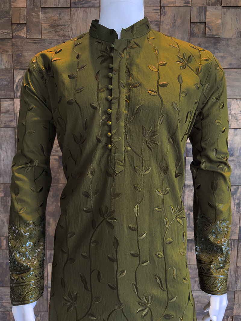 Olive Green Viscose Kurta with Leaf Vine Embroidery & Sequins Work