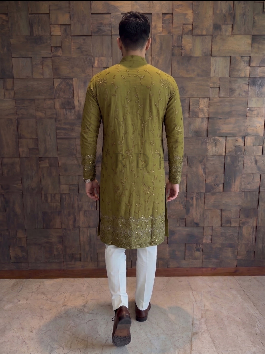 Olive Green Viscose Kurta with Leaf Vine Embroidery &amp; Sequins Work