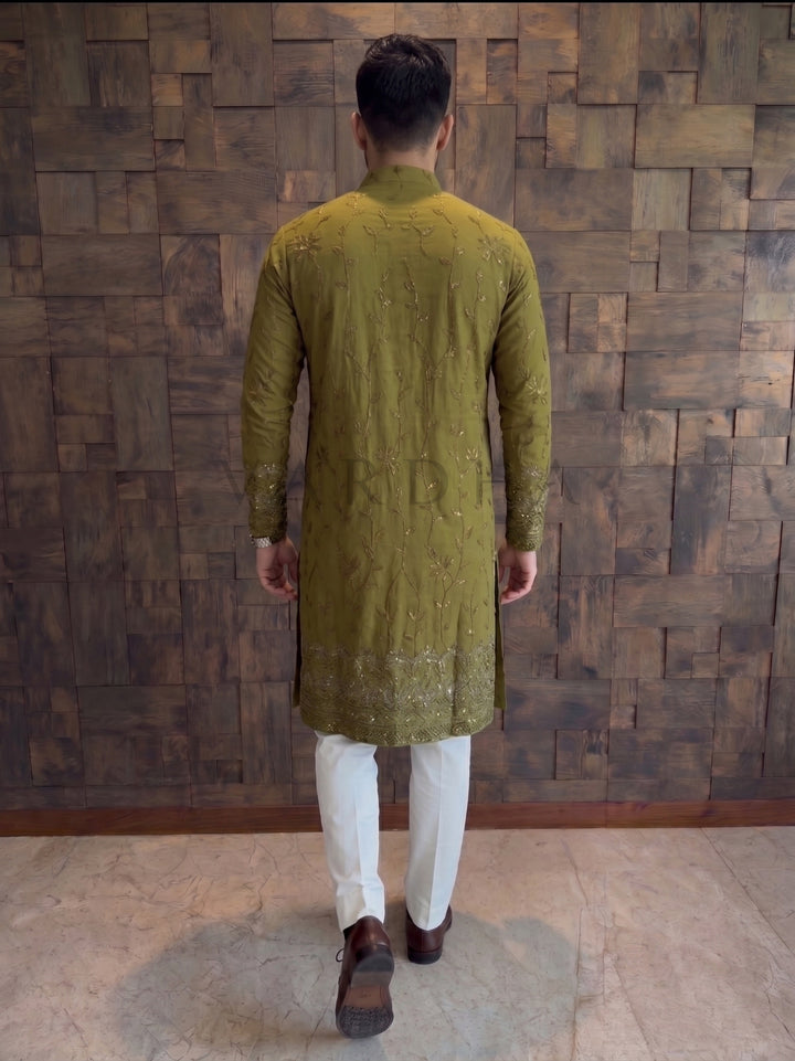 Olive Green Viscose Kurta with Leaf Vine Embroidery &amp; Sequins Work
