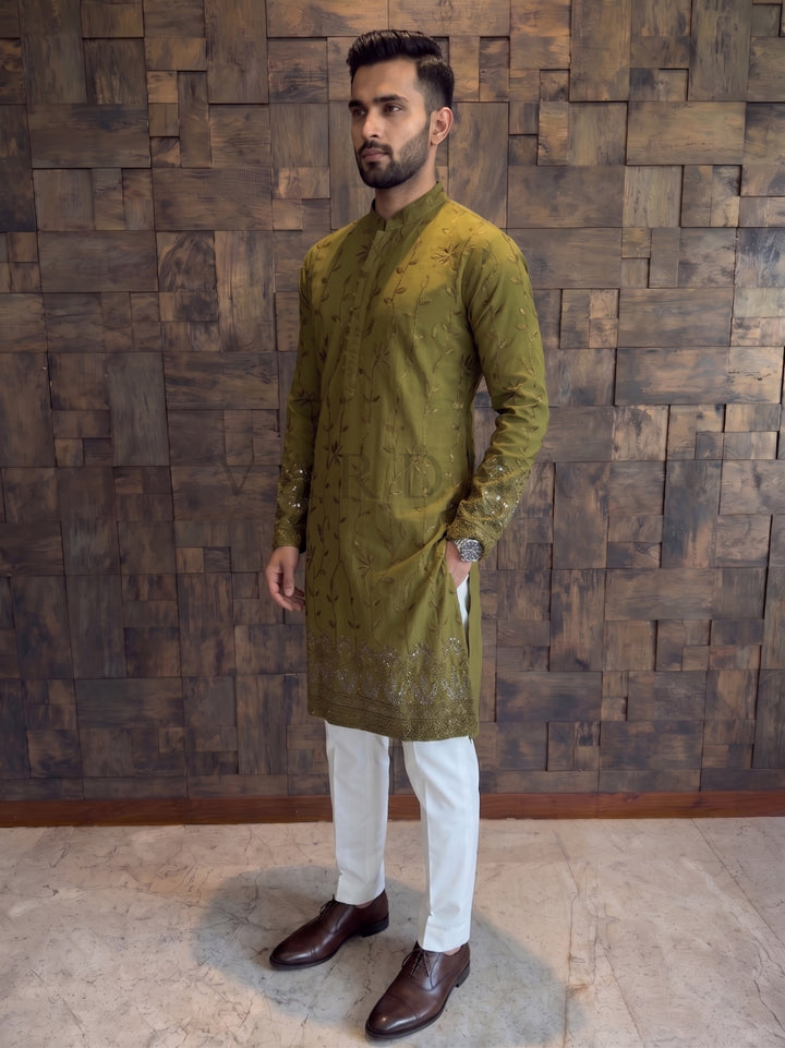 Olive Green Viscose Kurta with Leaf Vine Embroidery &amp; Sequins Work