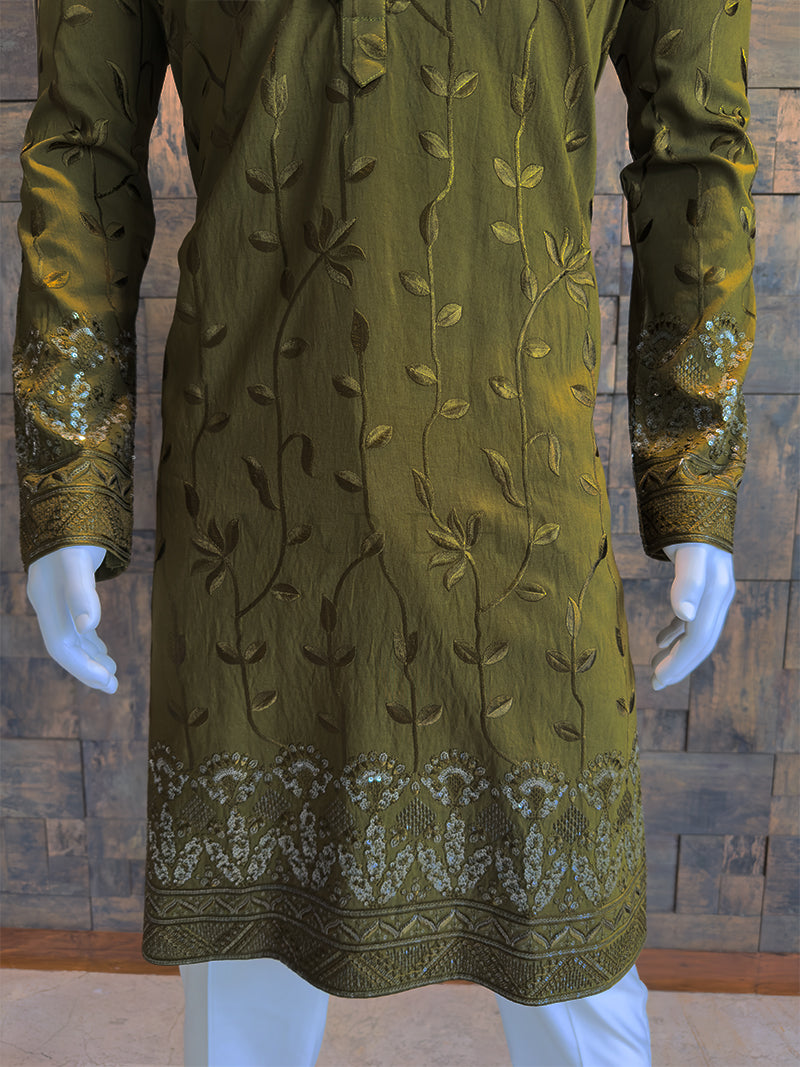 Olive Green Viscose Kurta with Leaf Vine Embroidery & Sequins Work