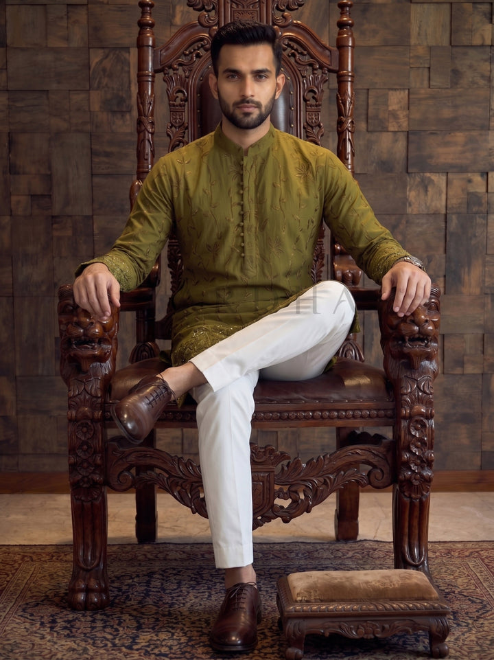 Olive Green Viscose Kurta with Leaf Vine Embroidery &amp; Sequins Work