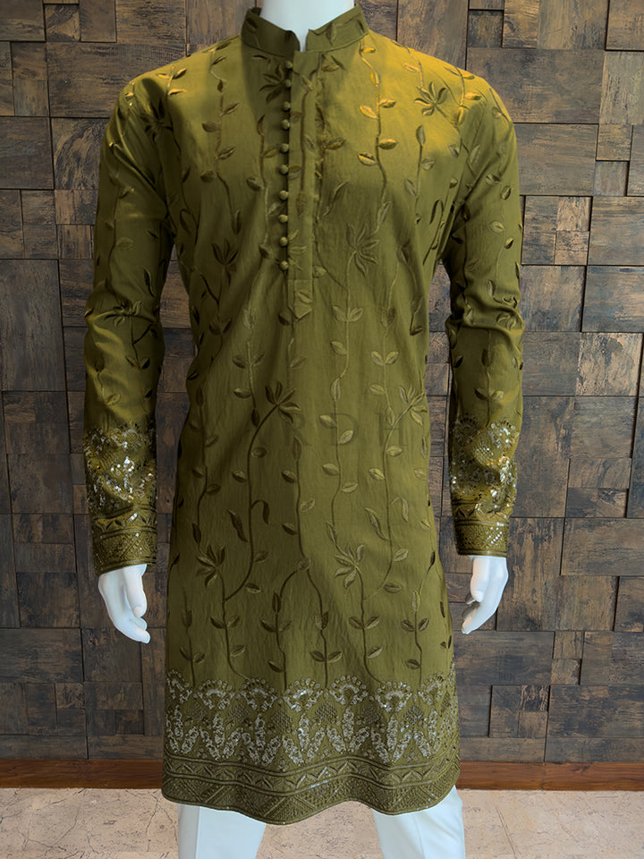 Olive Green Viscose Kurta with Leaf Vine Embroidery & Sequins Work