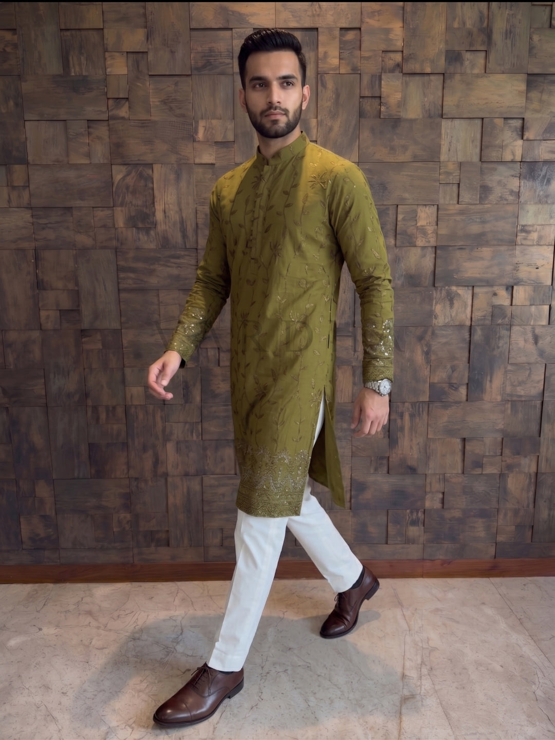 Olive Green Viscose Kurta with Leaf Vine Embroidery &amp; Sequins Work