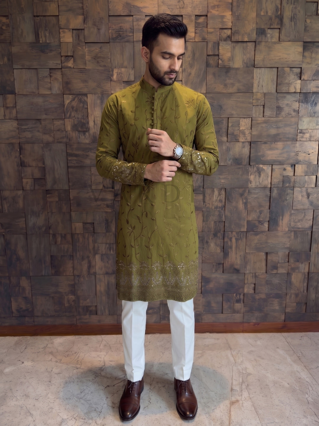 Olive Green Viscose Kurta with Leaf Vine Embroidery &amp; Sequins Work