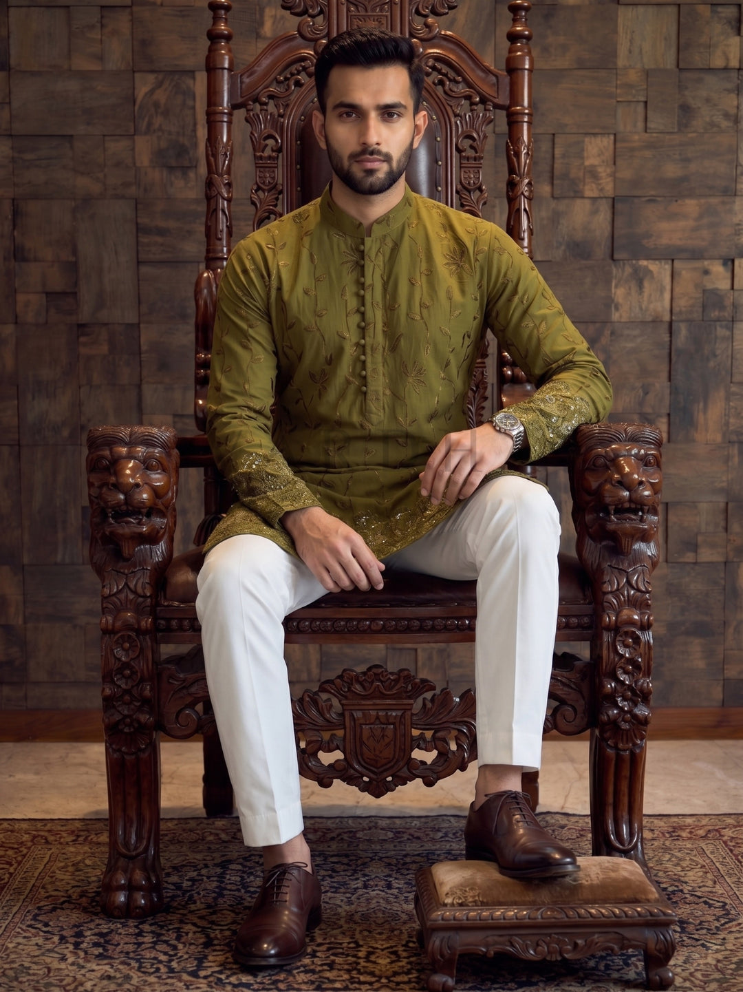 Olive Green Viscose Kurta with Leaf Vine Embroidery &amp; Sequins Work