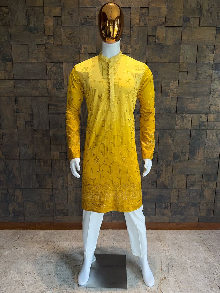 Sunshine Yellow Viscose Kurta with Leaf Vine Embroidery & Sequins Work