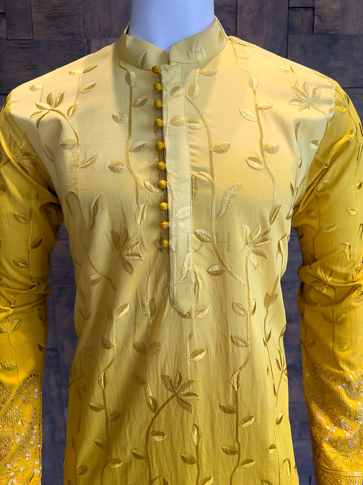 Sunshine Yellow Viscose Kurta with Leaf Vine Embroidery & Sequins Work