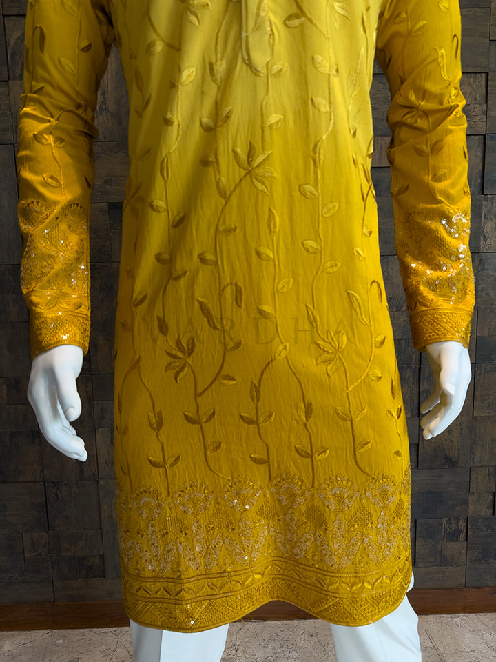 Sunshine Yellow Viscose Kurta with Leaf Vine Embroidery & Sequins Work