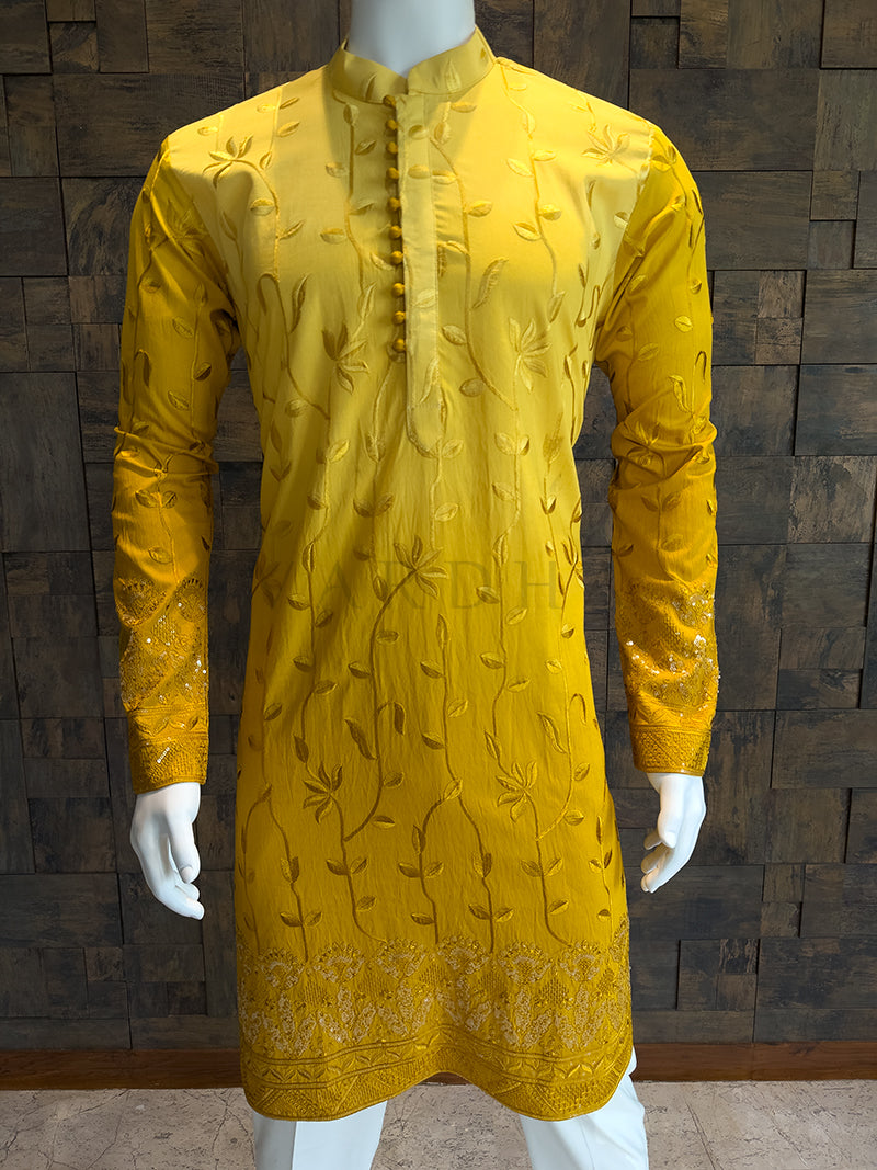 Sunshine Yellow Viscose Kurta with Leaf Vine Embroidery & Sequins Work