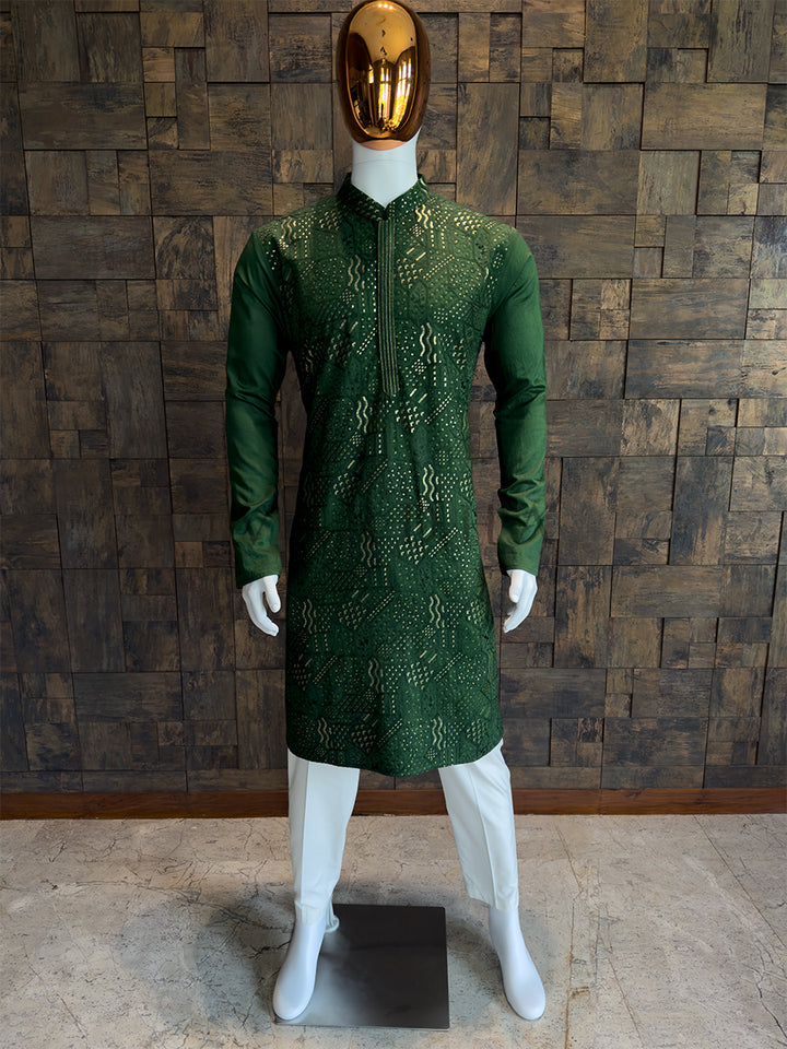 Bottle Green Viscose Kurta with Daxin Embroidery & Sequin Work