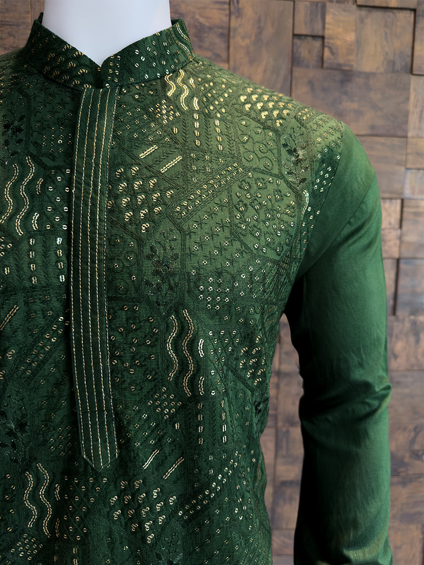 Bottle Green Viscose Kurta with Daxin Embroidery & Sequin Work