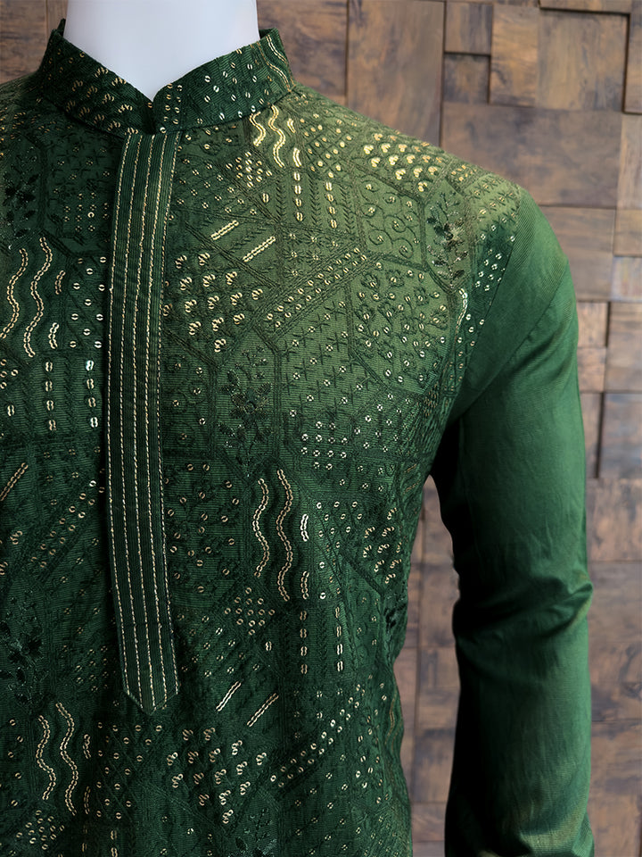 Bottle Green Viscose Kurta with Daxin Embroidery & Sequin Work