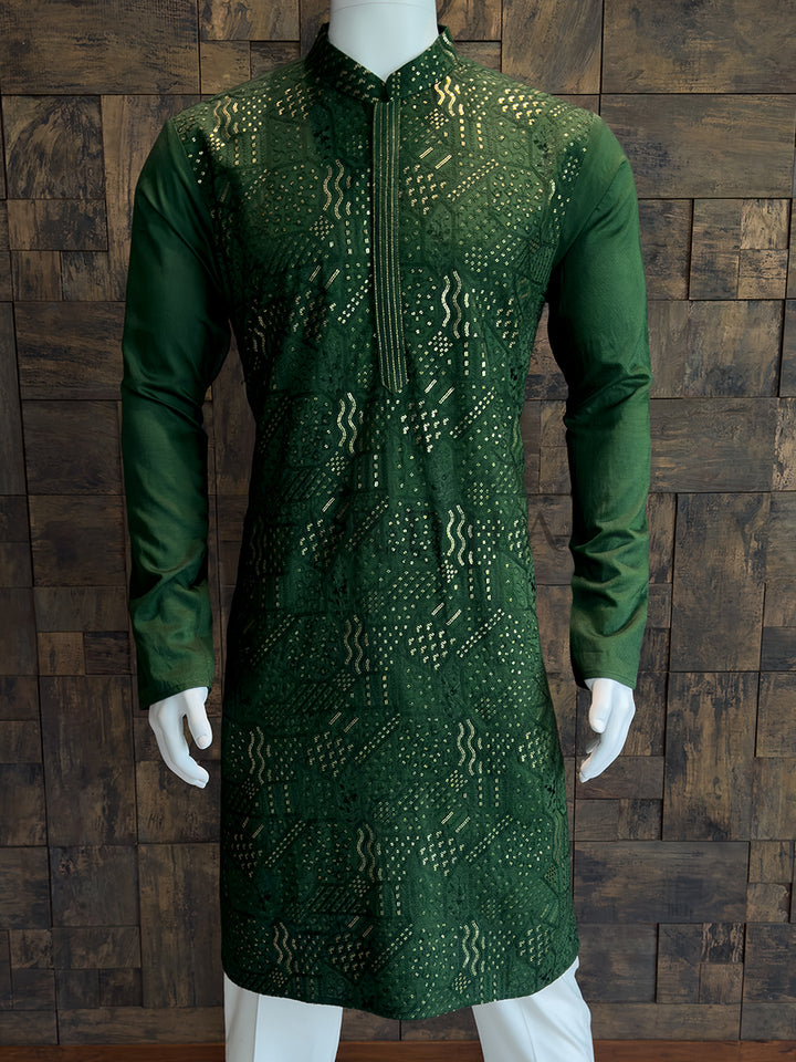 Bottle Green Viscose Kurta with Daxin Embroidery & Sequin Work