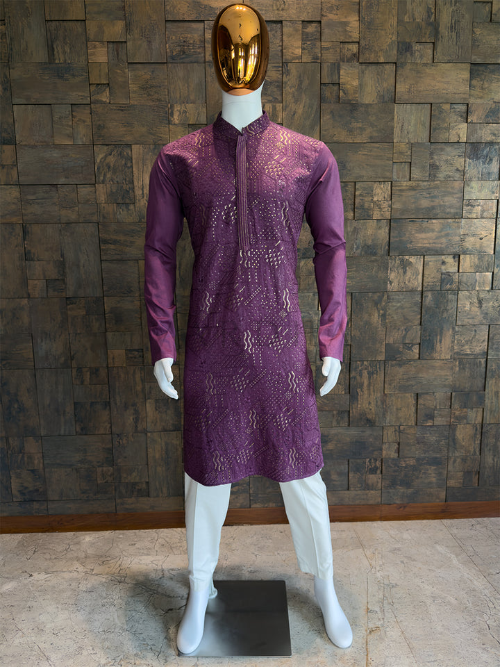 Purple Viscose Kurta with Daxin Sequin & Thread Embroidery