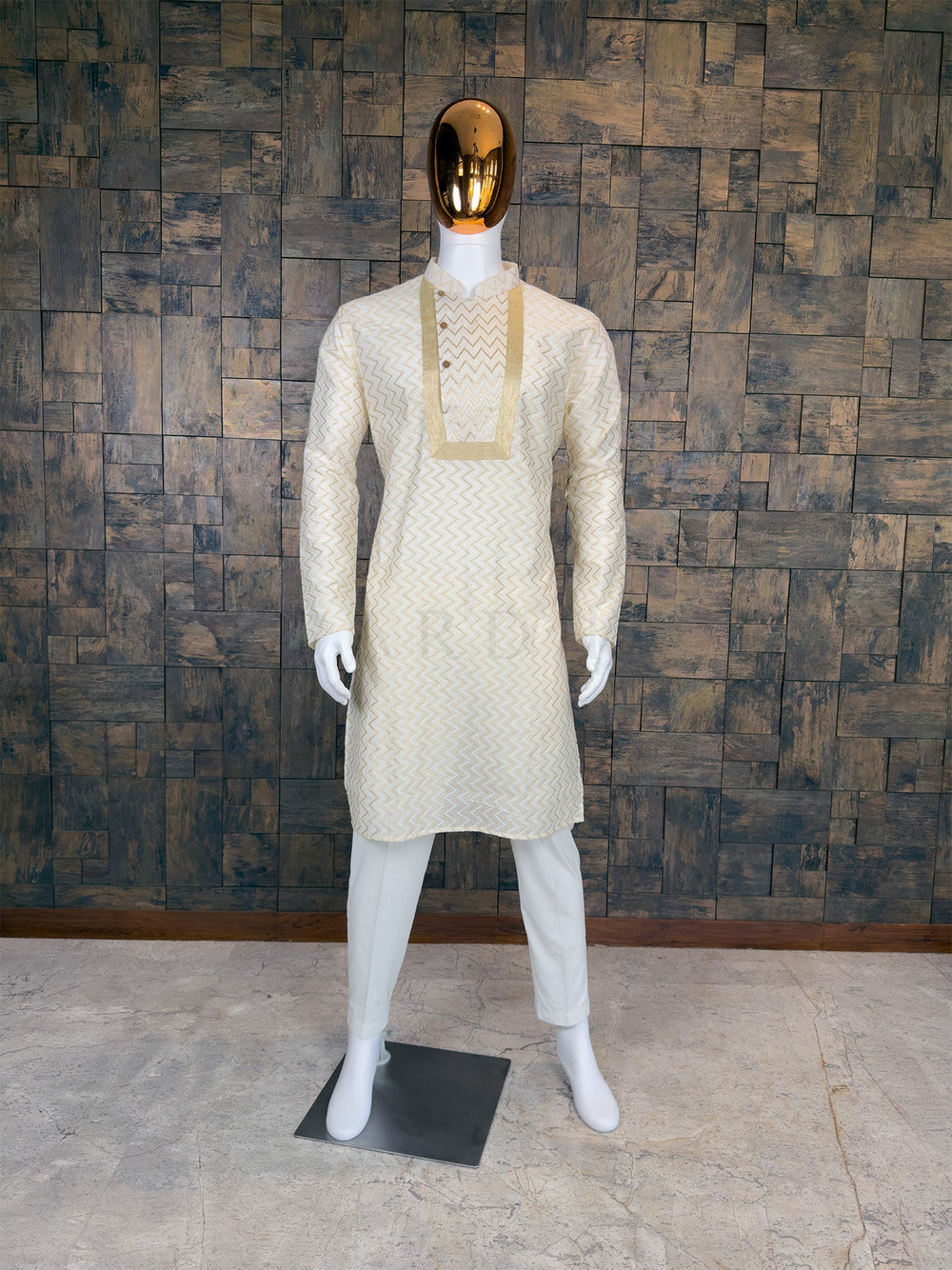 Off-White Cotton Kurta with Gold Chevron Embroidery and Designer Yoke House of Vardha