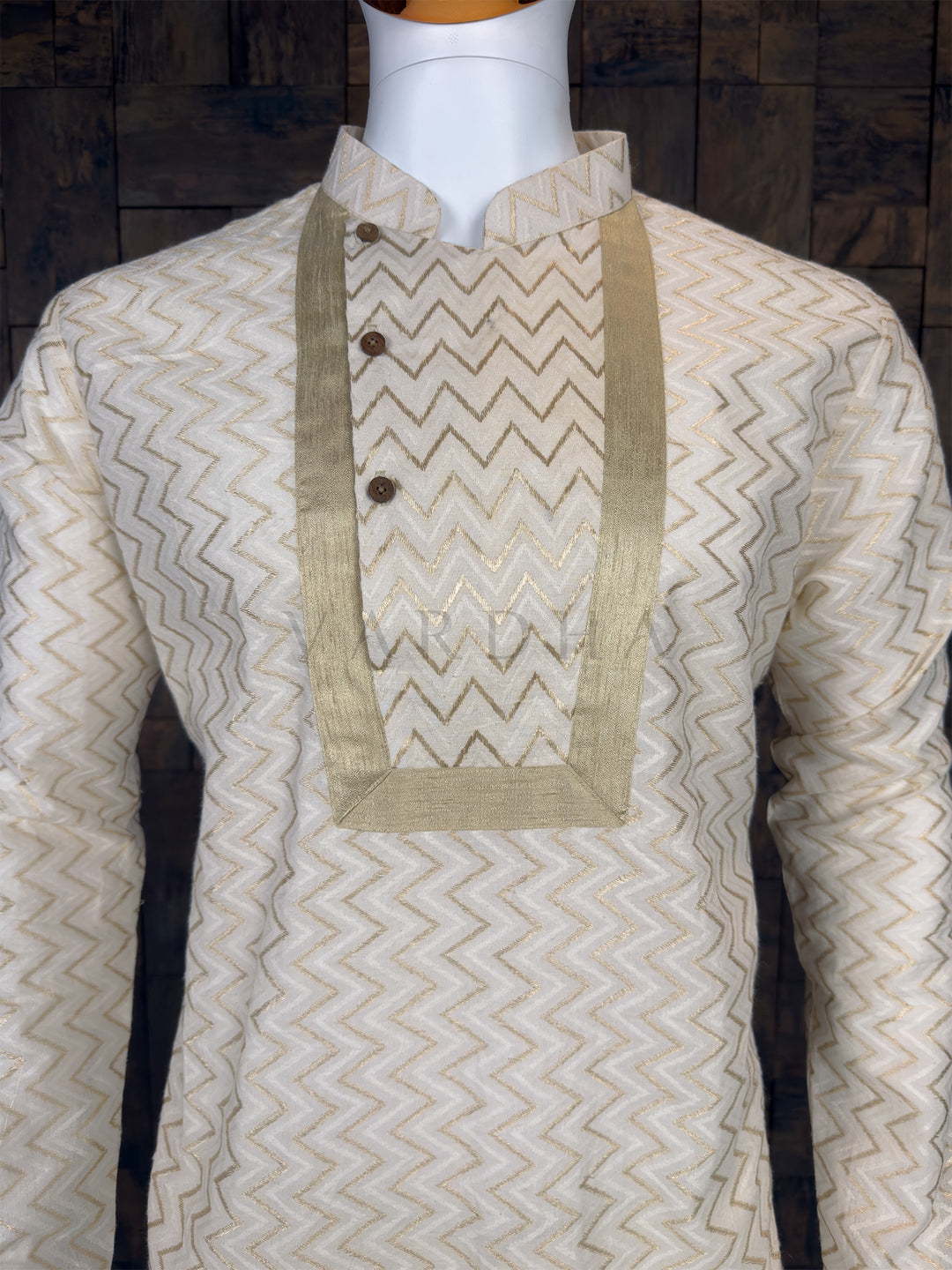 Off-White Cotton Kurta with Gold Chevron Embroidery and Designer Yoke