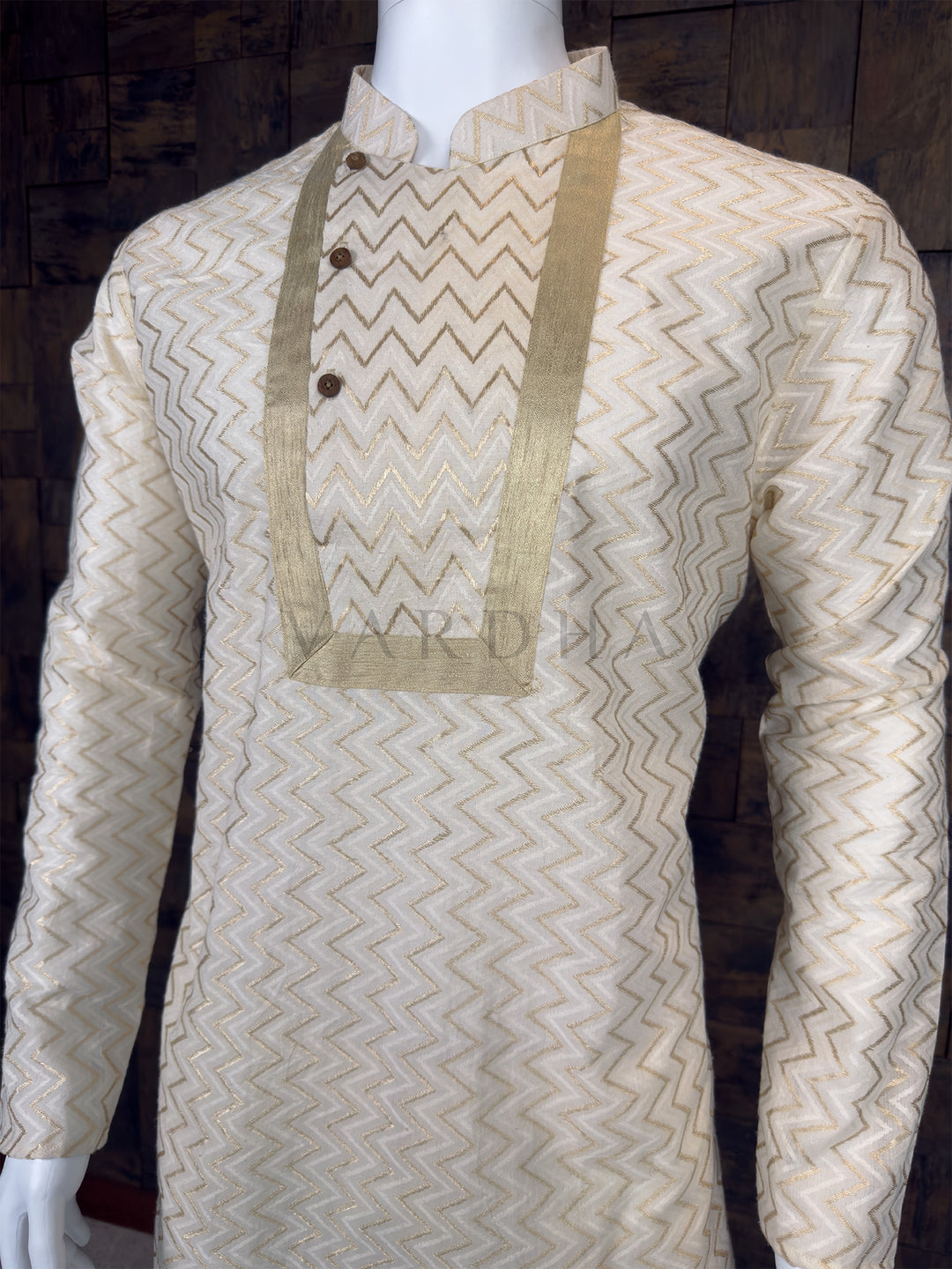 Off-White Cotton Kurta with Gold Chevron Embroidery and Designer Yoke