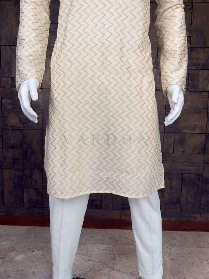 Off-White Cotton Kurta with Gold Chevron Embroidery and Designer Yoke