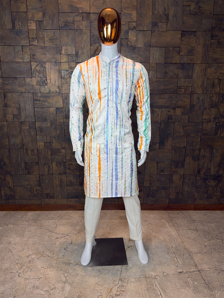 White Art Silk Kurta with Multi-Color Stripes and Mirror Work House of Vardha