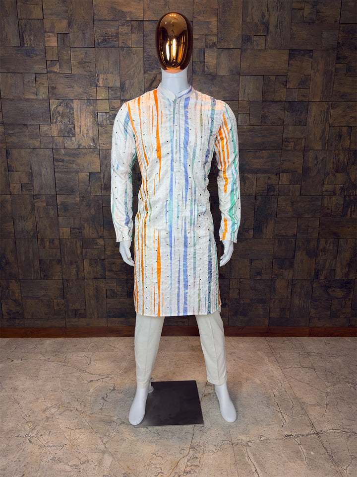 White Art Silk Kurta with Multi-Color Stripes and Mirror Work House of Vardha