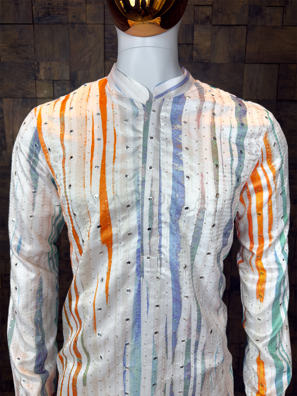 White Art Silk Kurta with Multi-Color Stripes and Mirror Work House of Vardha