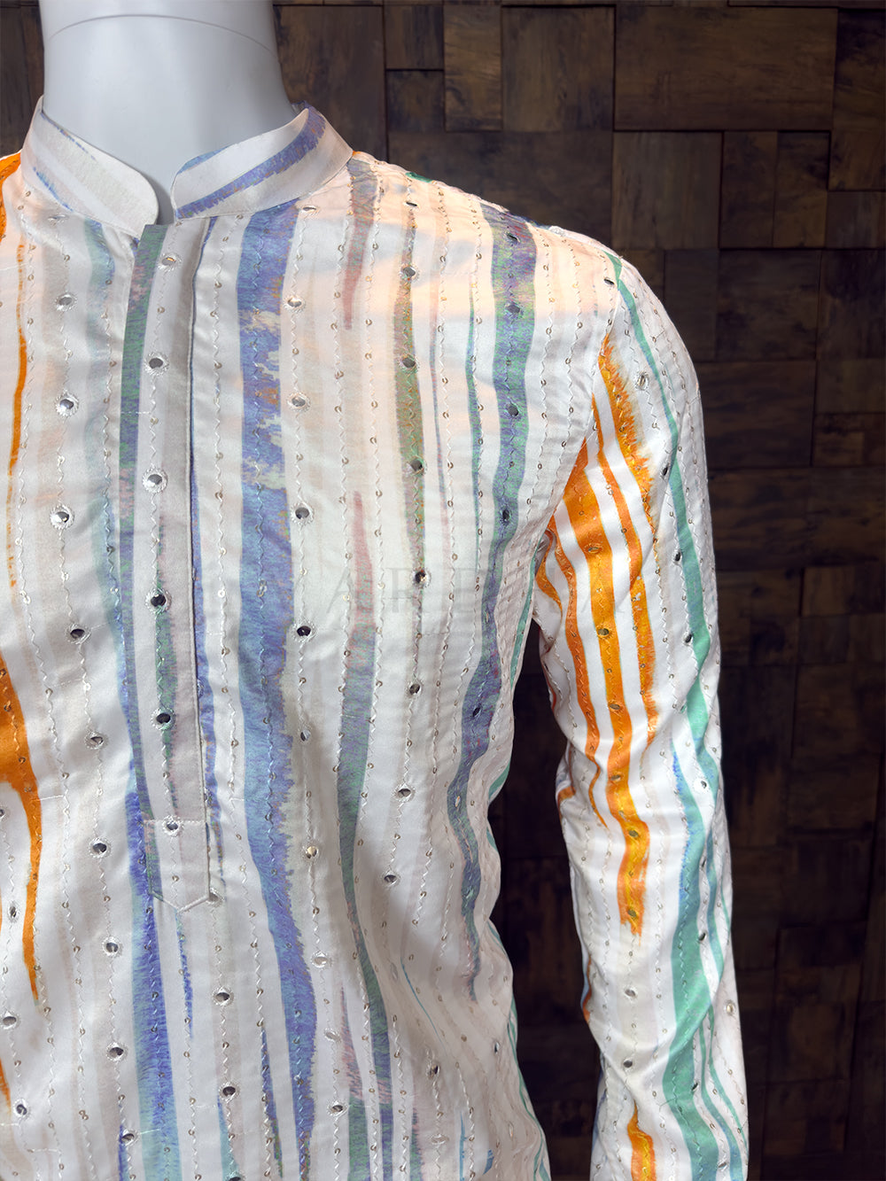 White Art Silk Kurta with Multi-Color Stripes and Mirror Work House of Vardha