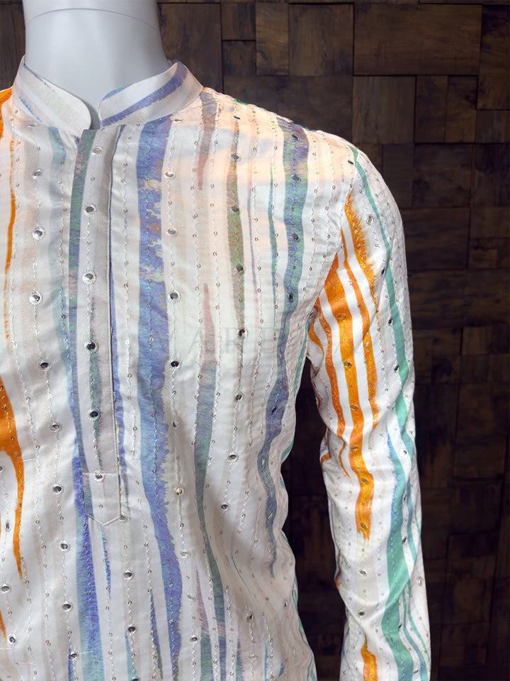 White Art Silk Kurta with Multi-Color Stripes and Mirror Work House of Vardha