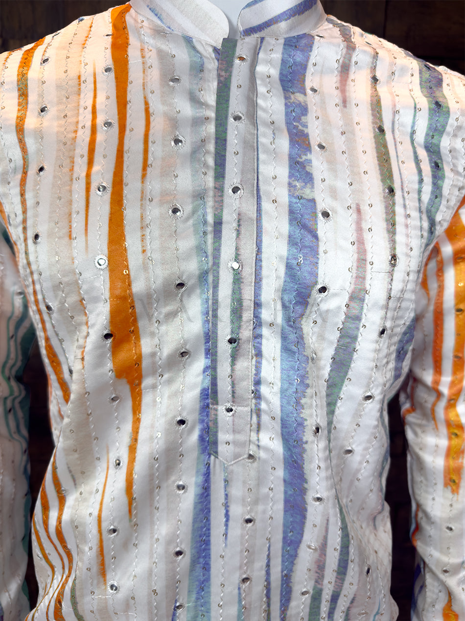 White Art Silk Kurta with Multi-Color Stripes and Mirror Work House of Vardha