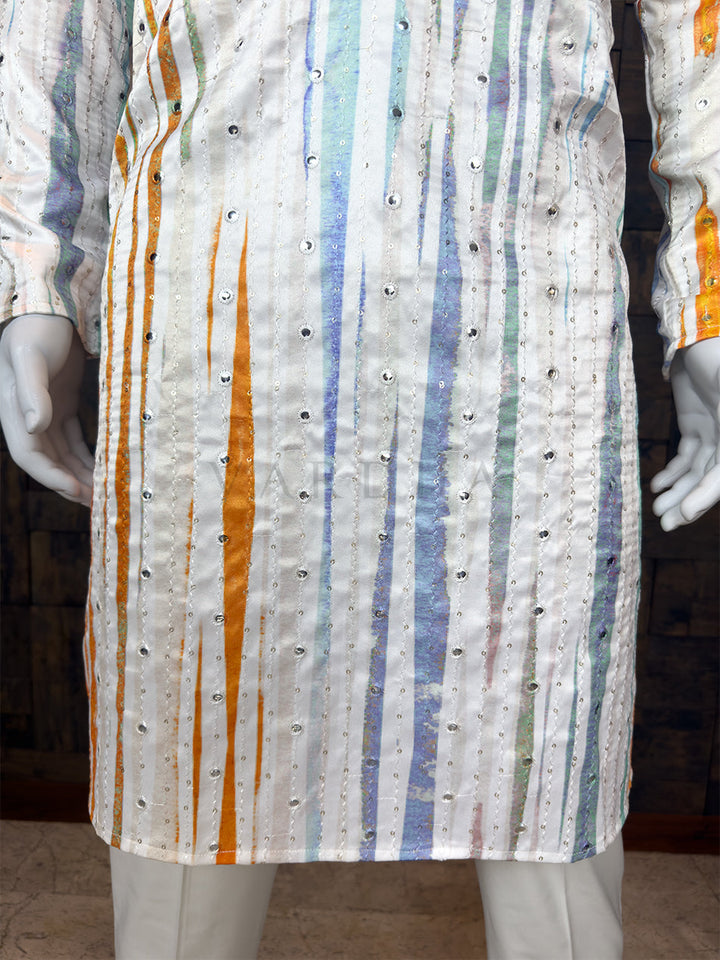 White Art Silk Kurta with Multi-Color Stripes and Mirror Work House of Vardha