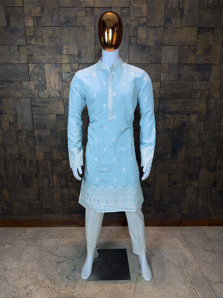 Sky Blue Art Silk Kurta with Floral Buttas and Embroidered Borders House of Vardha