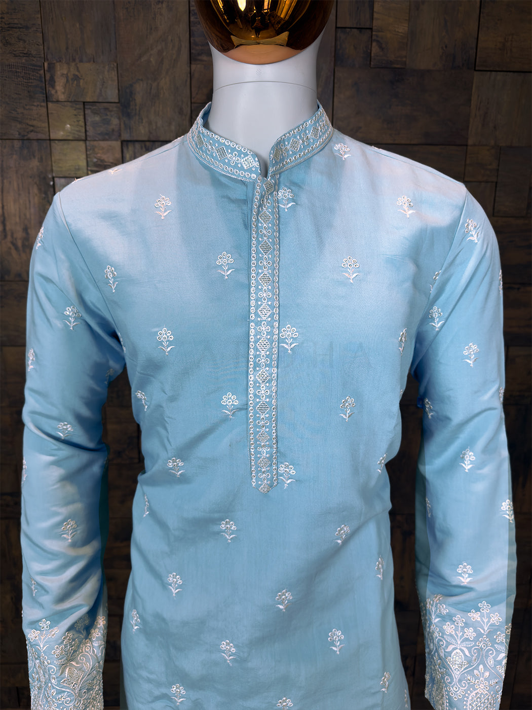 Sky Blue Art Silk Kurta with Floral Buttas and Embroidered Borders