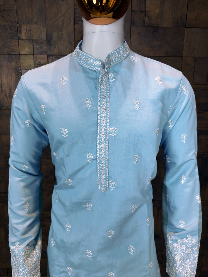 Sky Blue Art Silk Kurta with Floral Buttas and Embroidered Borders