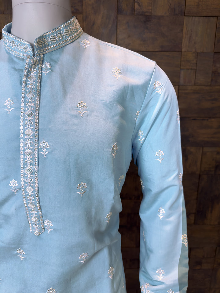 Sky Blue Art Silk Kurta with Floral Buttas and Embroidered Borders