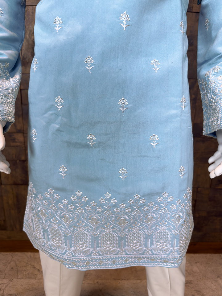 Sky Blue Art Silk Kurta with Floral Buttas and Embroidered Borders