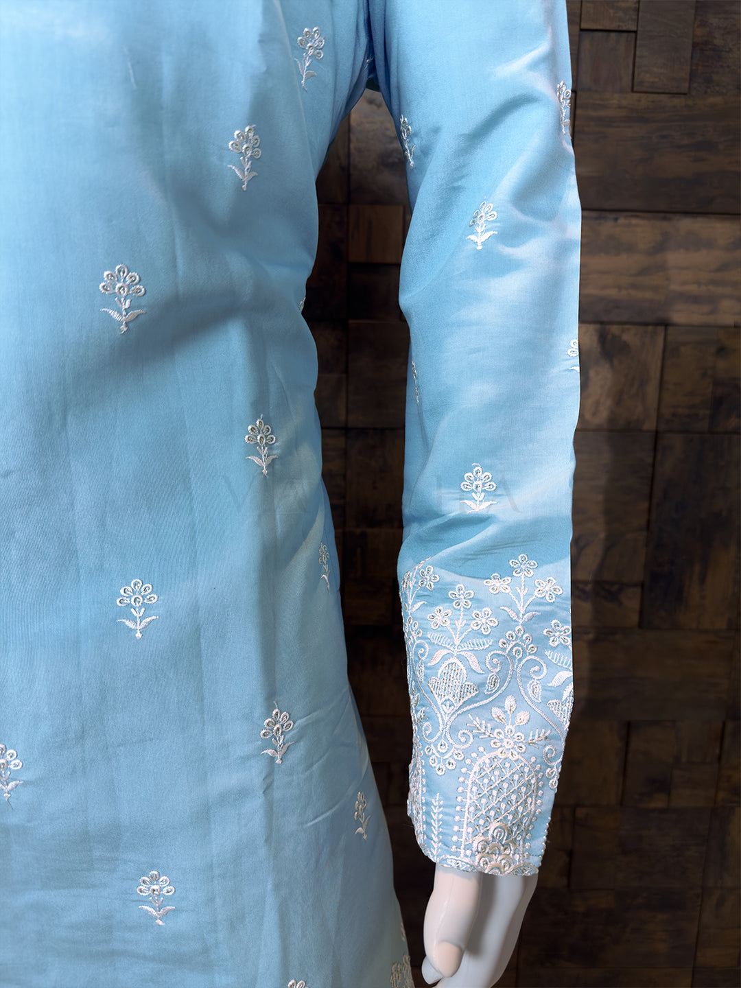Sky Blue Art Silk Kurta with Floral Buttas and Embroidered Borders