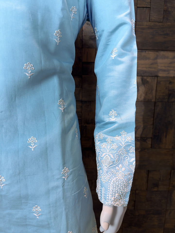 Sky Blue Art Silk Kurta with Floral Buttas and Embroidered Borders
