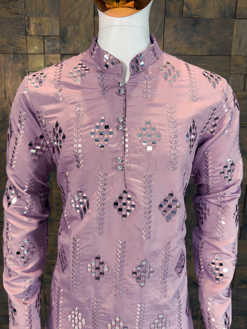 Mauve Art Silk Kurta with Geometric Diamond Foil Mirror Work